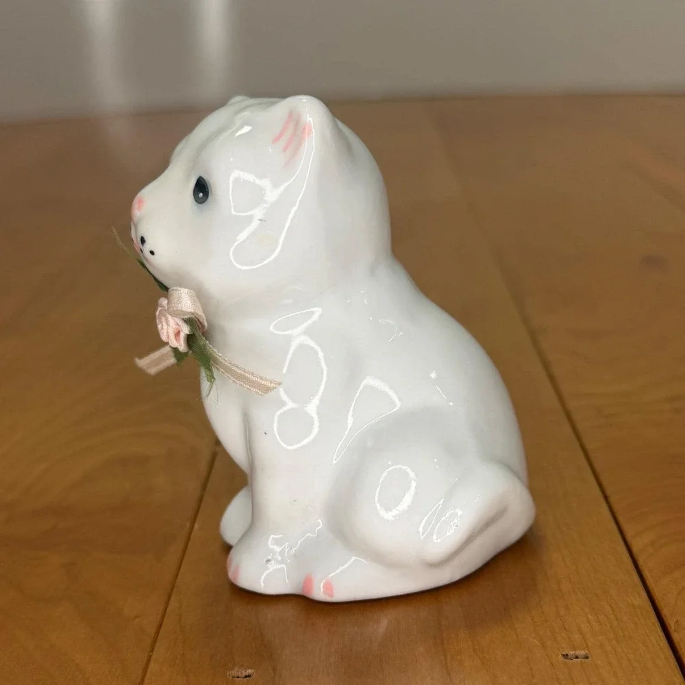 Shiah Yih ROC White Porcelain Cat Figurine with Rosette and Bow Vintage Style